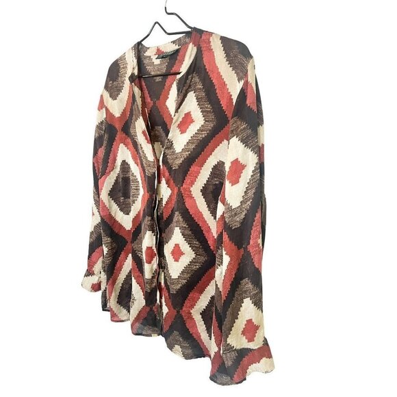 Lauren Ralph Lauren 100% Silk Top Womens 1X Brown Brick Red Aztec Southwestern - Picture 3 of 10
